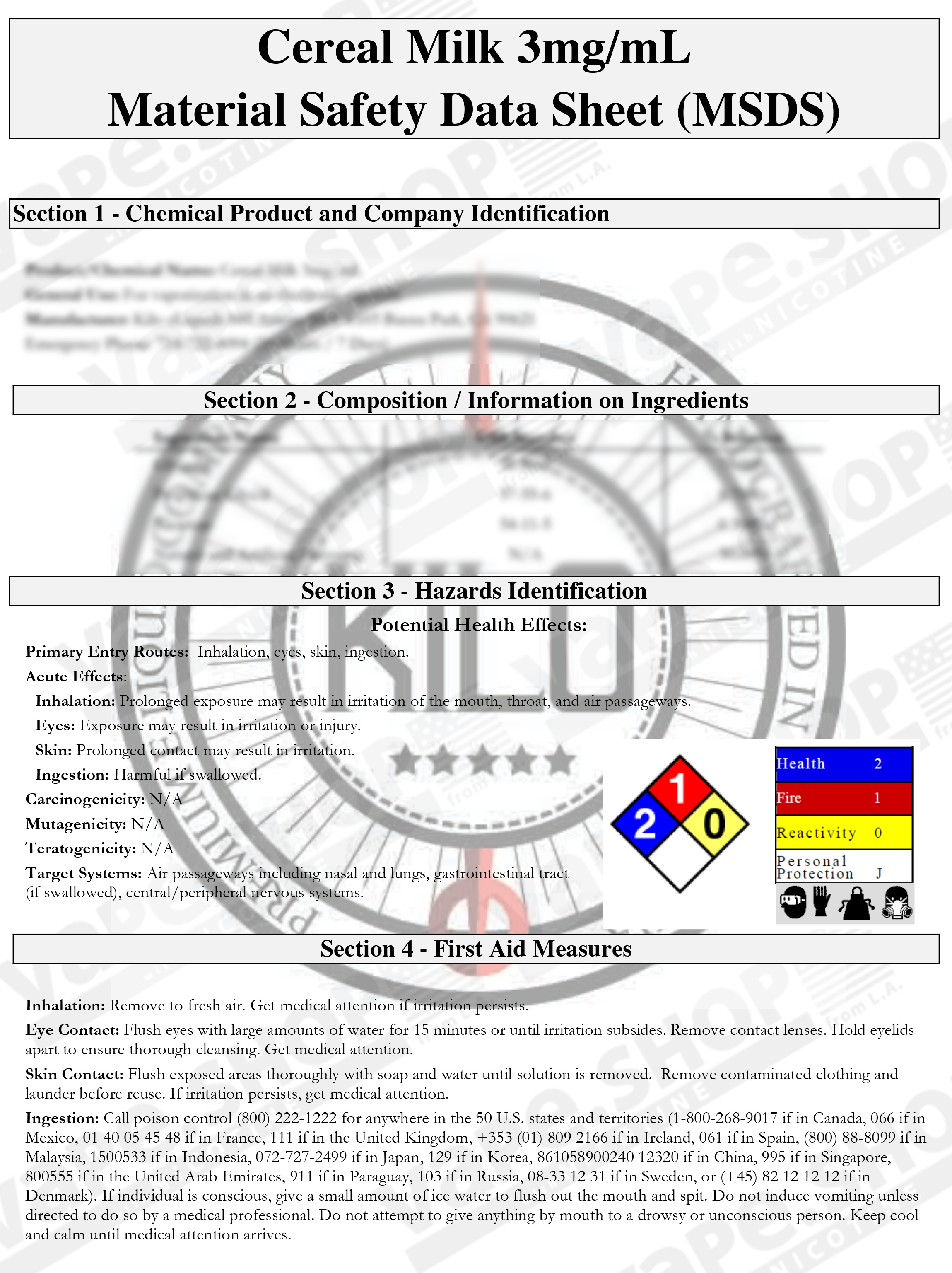 Kiloの安全データシート（Safety Data Sheet）