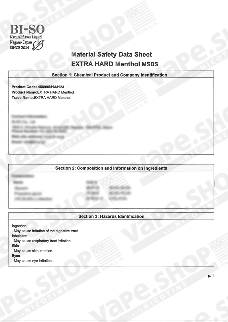 NICOTINE STICKの安全データシート（Safety Data Sheet）